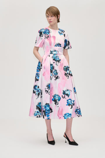 Stine Goya UK Statement Volume Midi Dress Dress Blue Roses On Blush