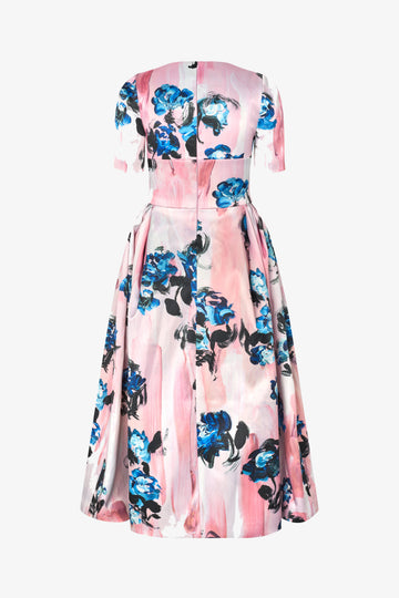 Stine Goya UK Statement Volume Midi Dress Dress Blue Roses On Blush