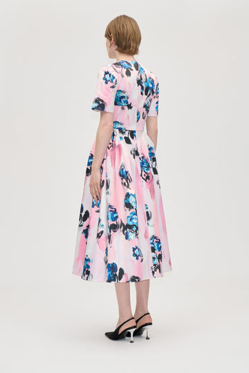 Stine Goya UK Statement Volume Midi Dress Dress Blue Roses On Blush