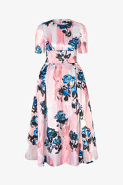 Stine Goya UK Statement Volume Midi Dress Dress Blue Roses On Blush