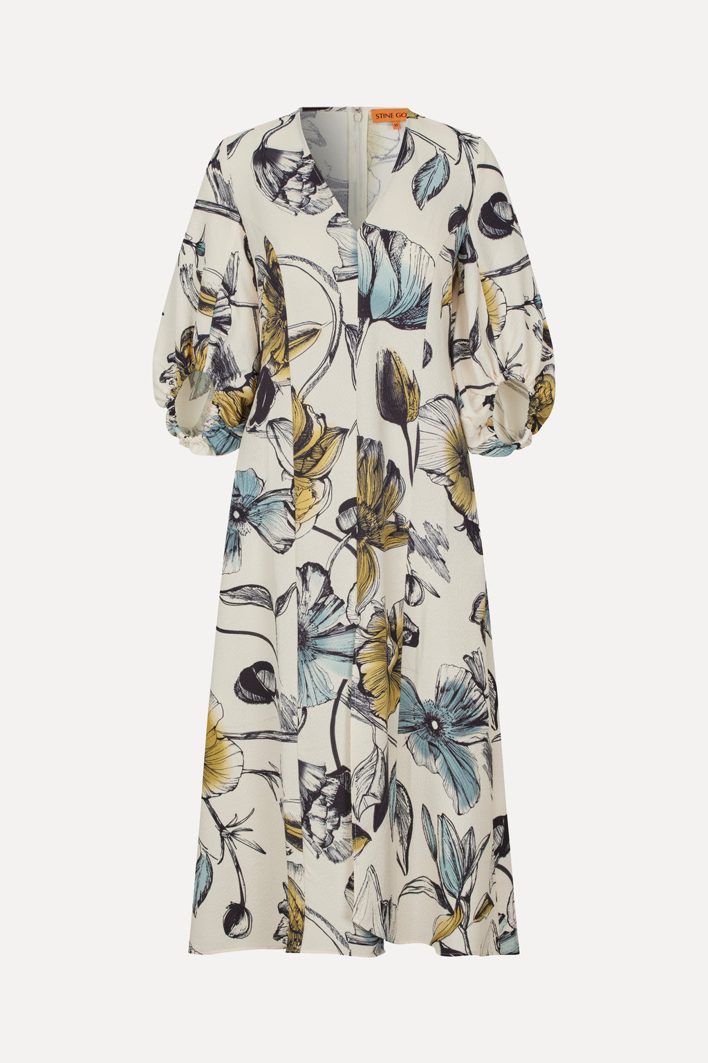 Three Quarter Sleeve Midi Dress Fine Line Poppies Stine Goya UK