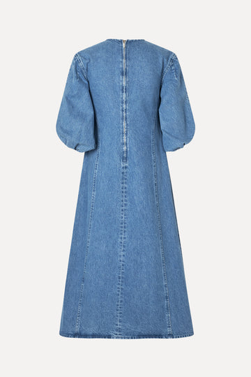 Volume Sleeves Midi Dress - Denim Blue