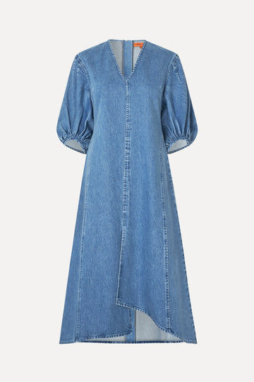 Volume Sleeves Midi Dress Denim Blue Stine Goya UK