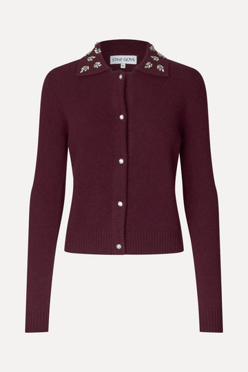 Stine Goya UK Wide Collar Long Sleeve Cardigan Knit Bordeaux